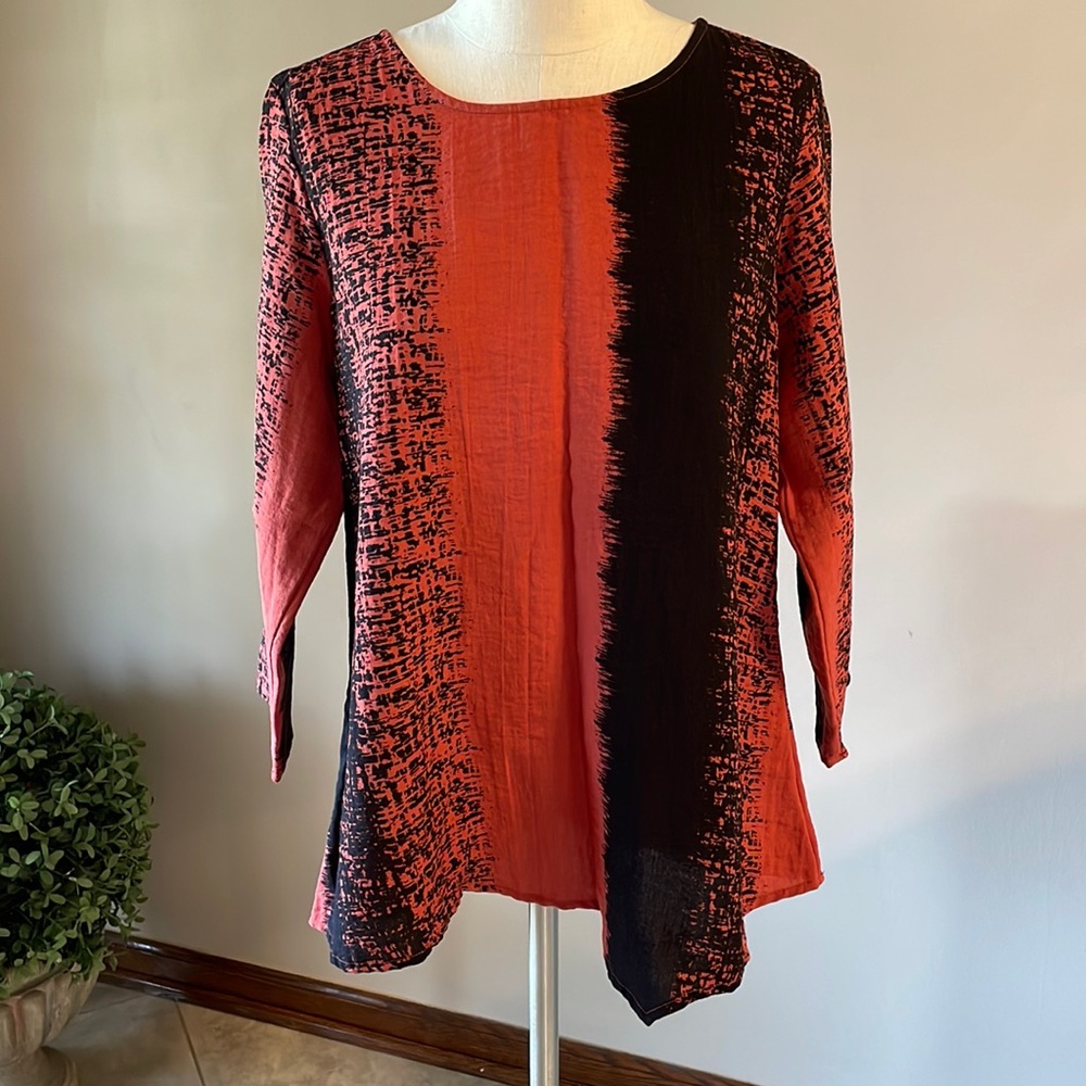 Habitat angle hem scoop neck tunic A-line 3/4 sleeve black / rust color sz Med